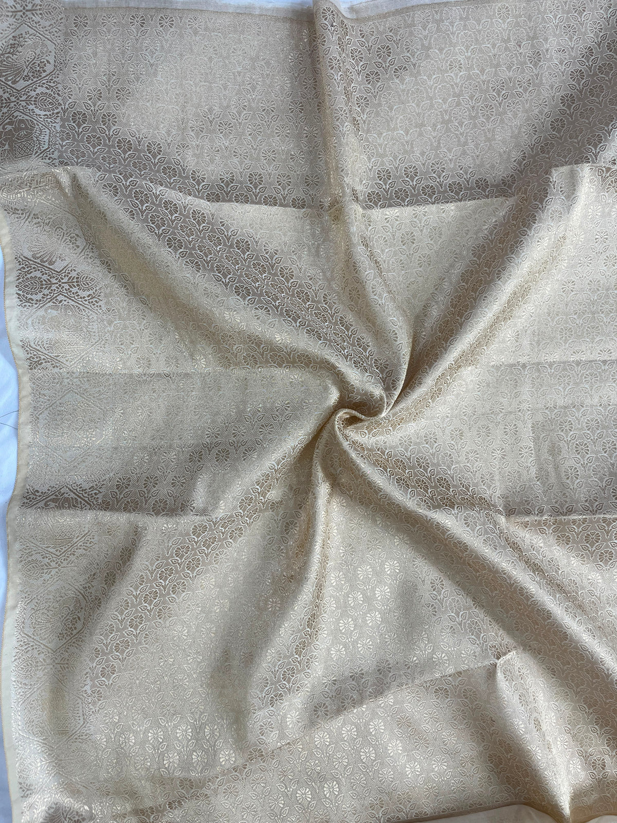 Off-White Embroidered Organza Silk Saree with Rich Gold Zari Pallu & Border
