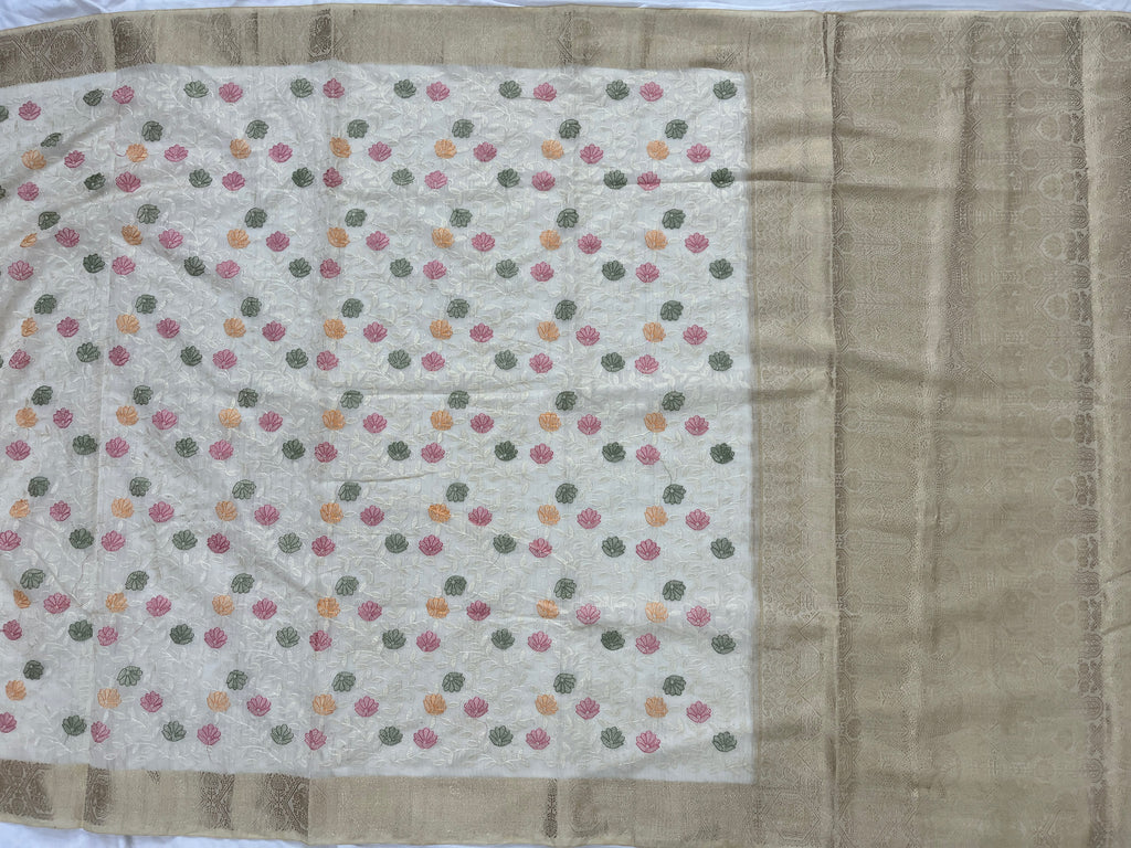 Off-White Embroidered Organza Silk Saree with Rich Gold Zari Pallu & Border