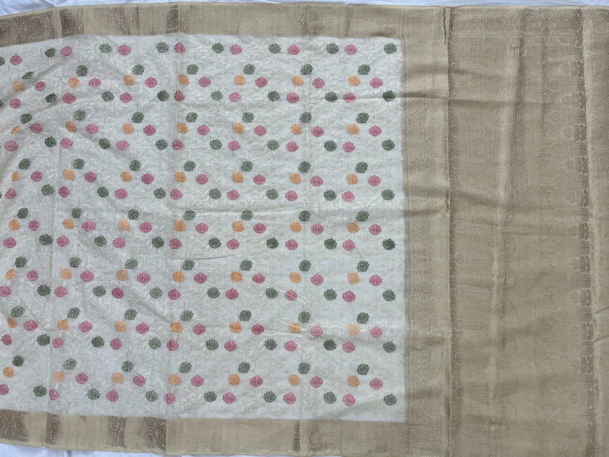 Off-White Embroidered Organza Silk Saree with Rich Gold Zari Pallu & Border