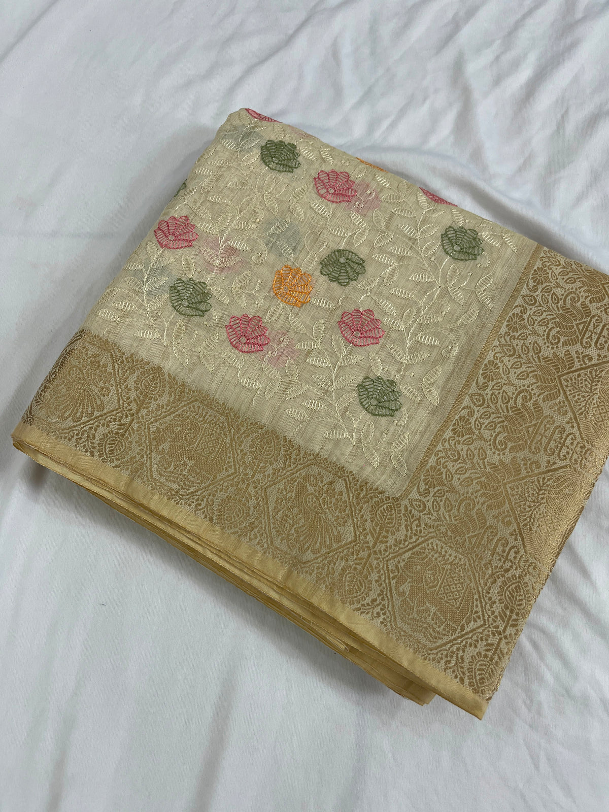 Off-White Embroidered Organza Silk Saree with Rich Gold Zari Pallu & Border