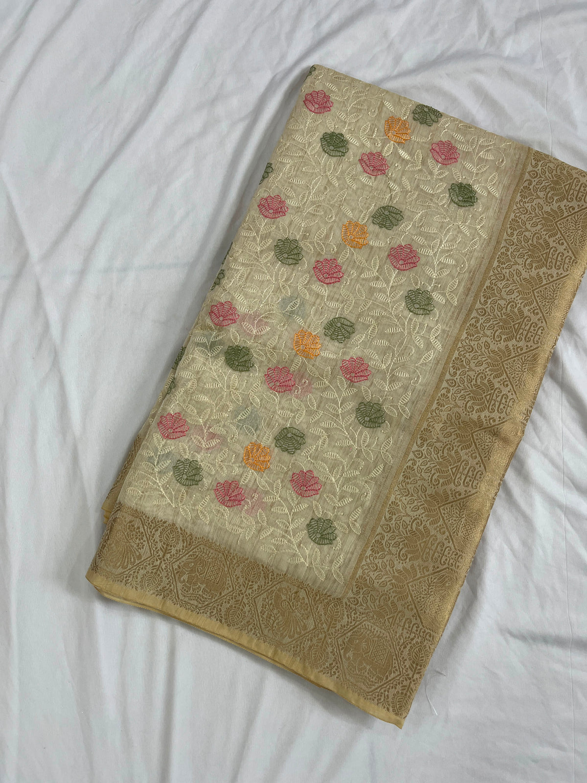 Off-White Embroidered Organza Silk Saree with Rich Gold Zari Pallu & Border