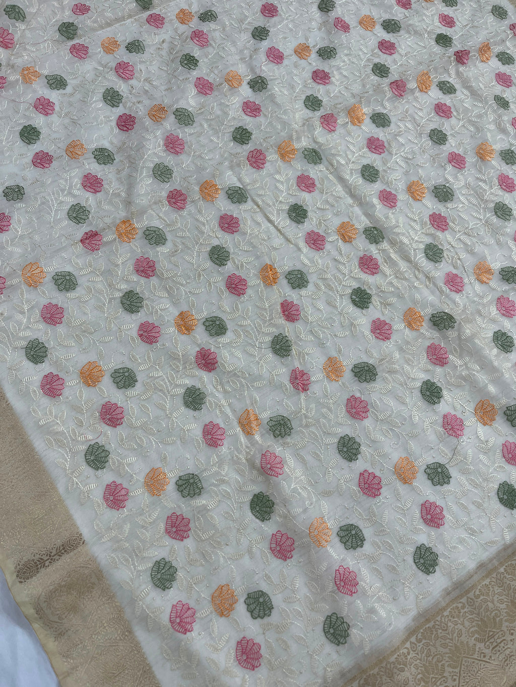 Off-White Embroidered Organza Silk Saree with Rich Gold Zari Pallu & Border