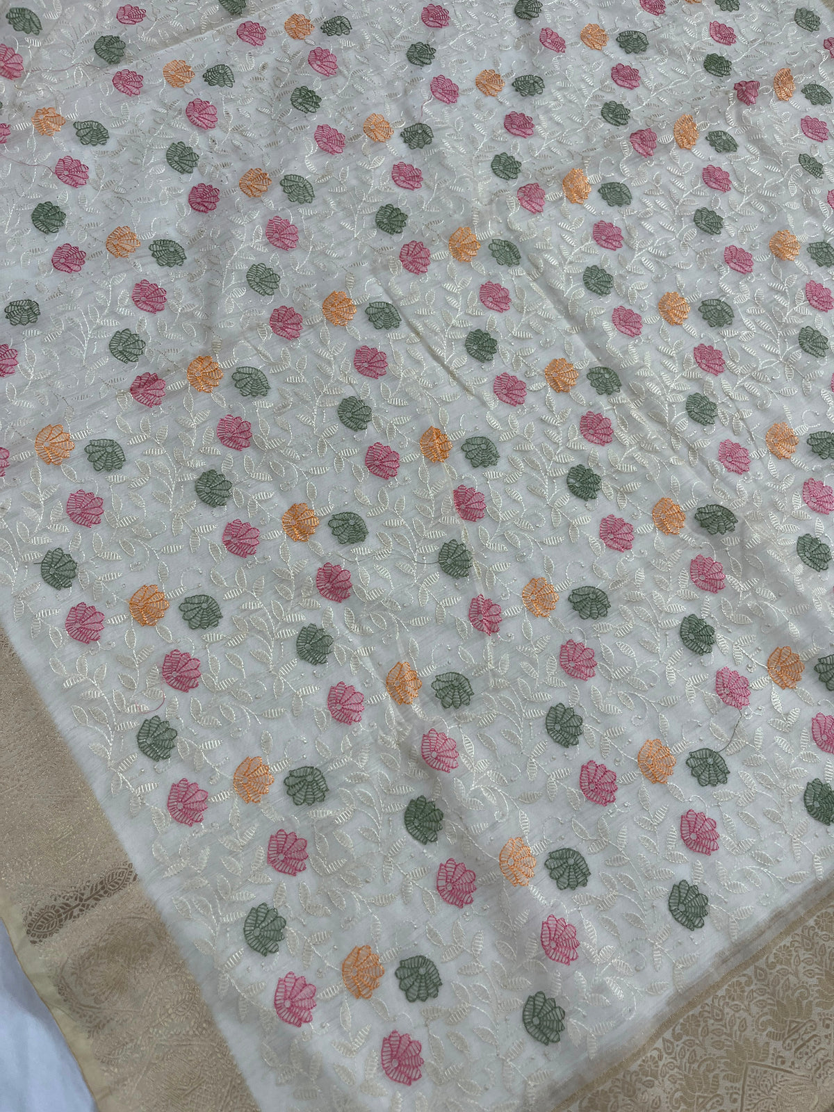 Off-White Embroidered Organza Silk Saree with Rich Gold Zari Pallu & Border