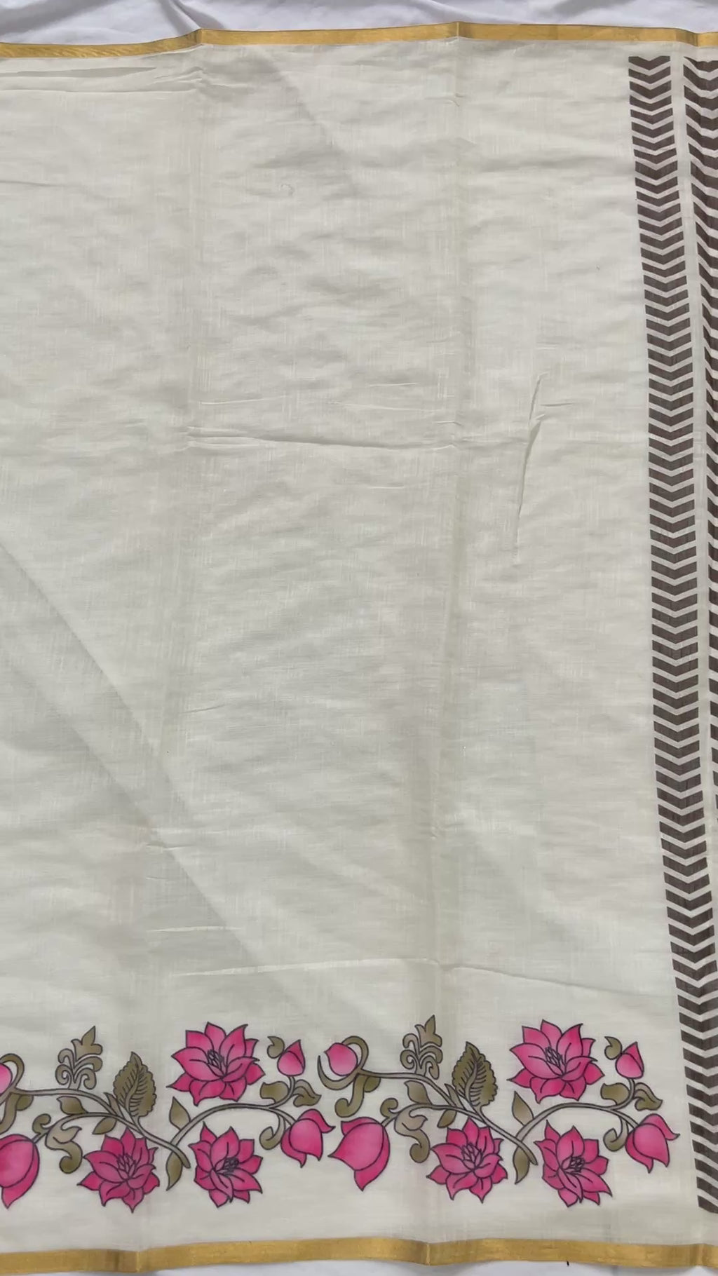 Off-White Lotus Hand-Block Printed Saree with Zari Border