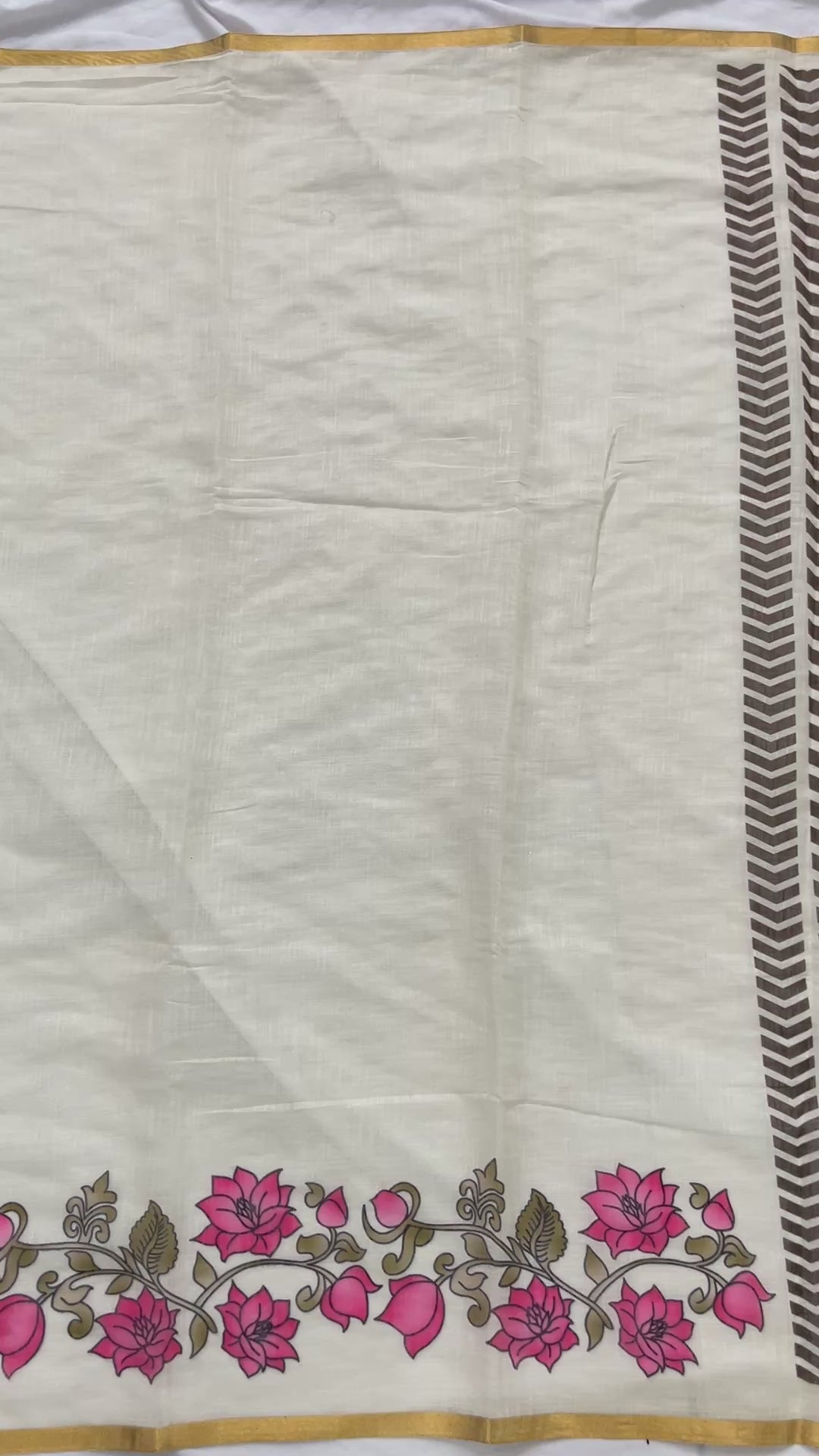 Off-White Lotus Hand-Block Printed Saree with Zari Border